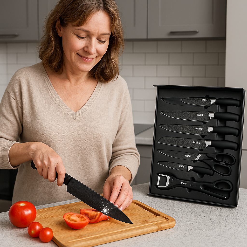 Pack Cocina Práctica ® Set de 6 Cuchillos + Exprimidor de Acero Inox | Versión Original