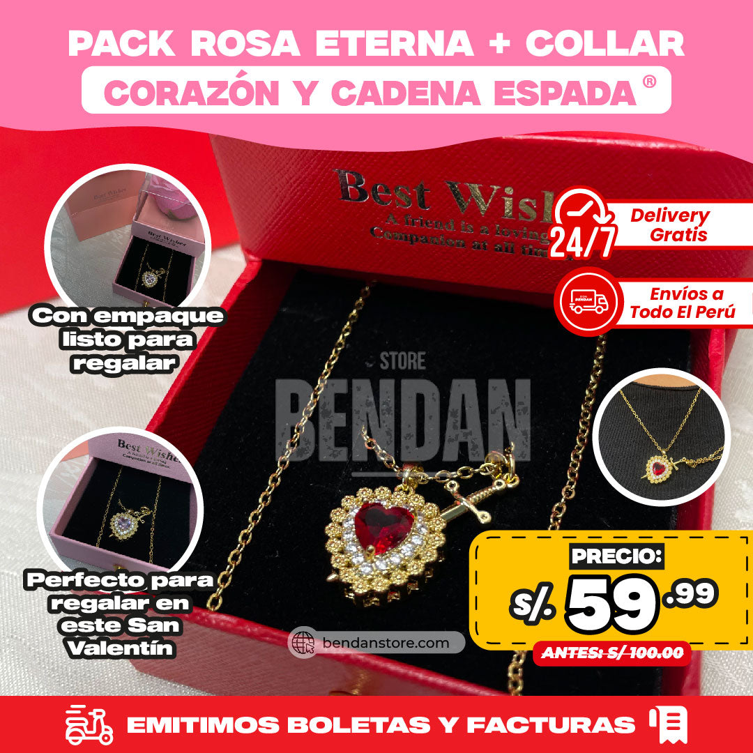 Pack Rosa Eterna + Collar Corazón y Cadena Espada ®