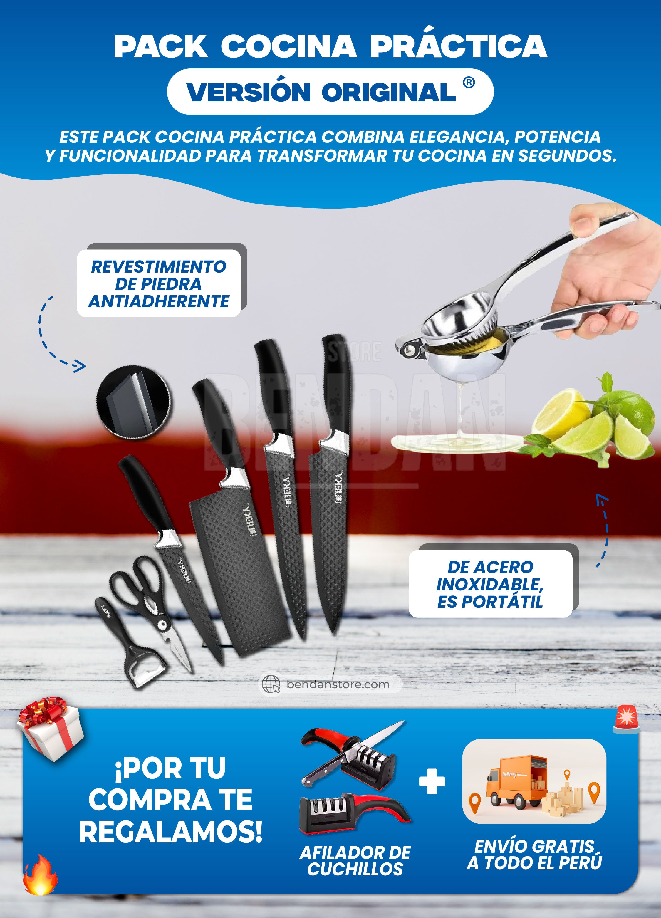 Pack Cocina Práctica ® Set de 6 Cuchillos + Exprimidor de Acero Inox | Versión Original