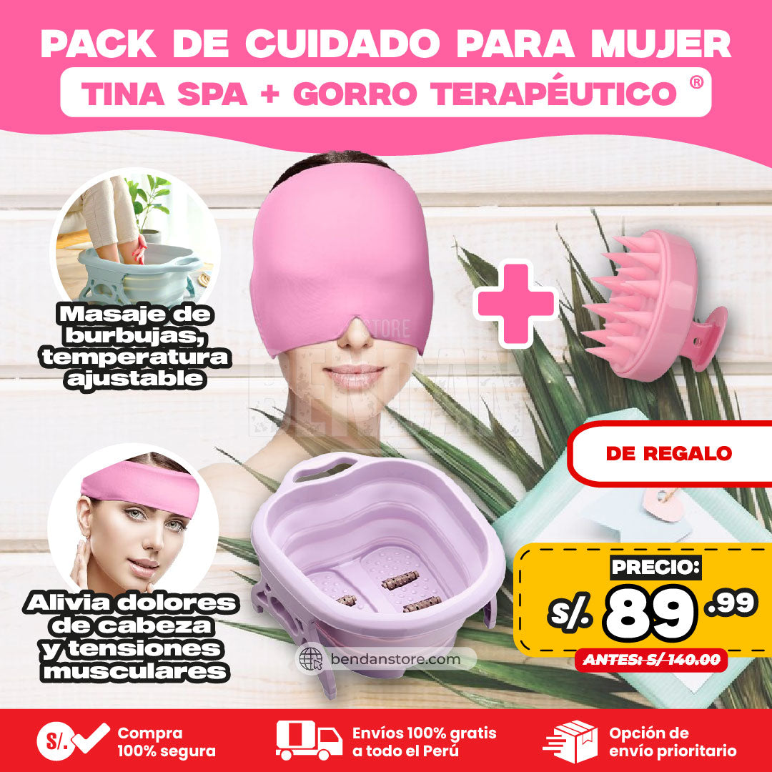 Pack de Cuidado para Mujer ® Tina Spa + Cepillo Masajeador + Gorra terapéutica de regalo