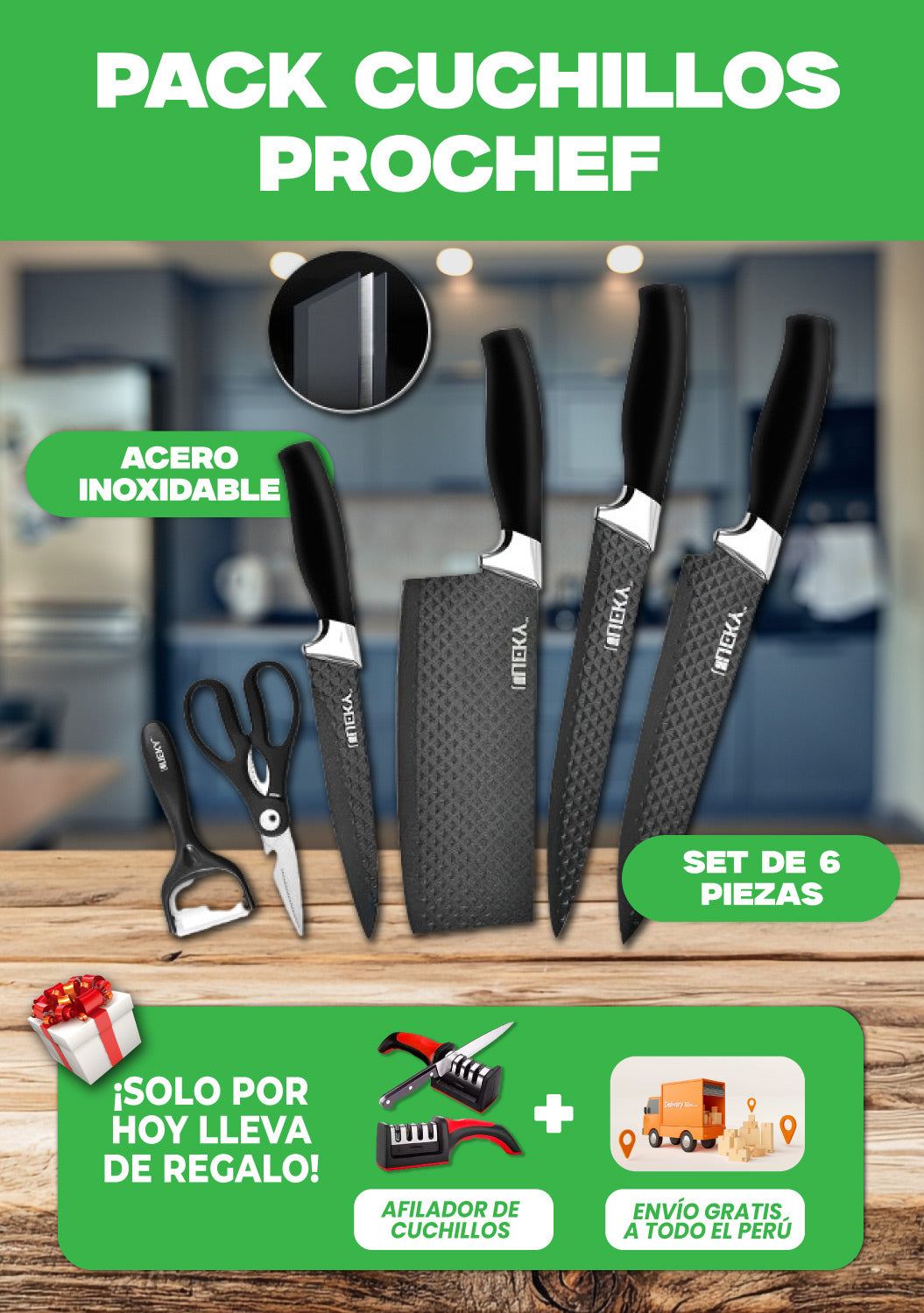 Set de 6 Cuchillos de  Acero Inoxidable® + Afilador de Cuchillos